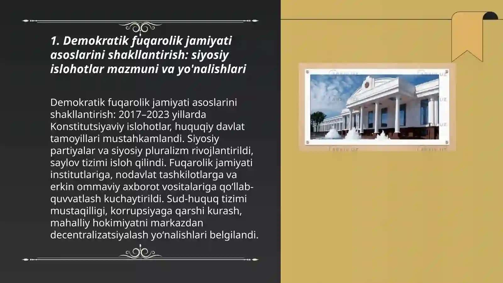 O'zbekistonda demokratik fuqarolik jamiyati asoslarining shakllanishi amalga oshirilgan siyosiy islohotlar 3