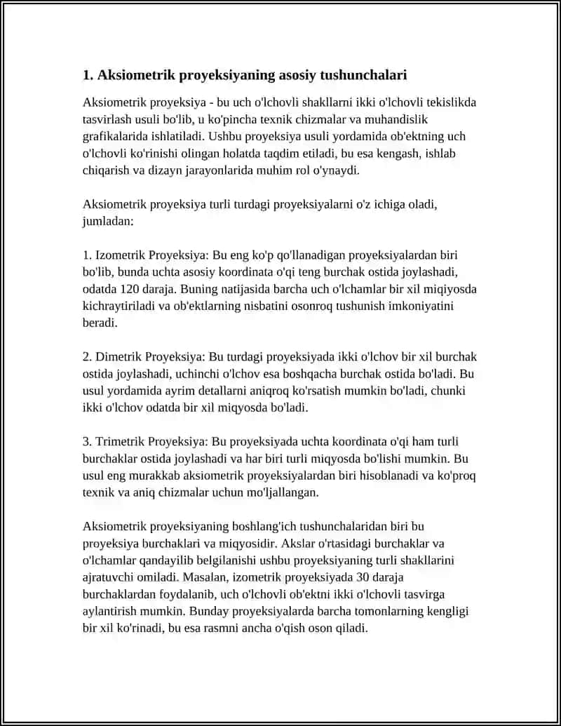 AKSIONOMETRIK PROYEKSIYALAR. QIYSHIQ VA TUGRI BURCHAKLI PROYEKSIYALAR.DIMETRIYA 3