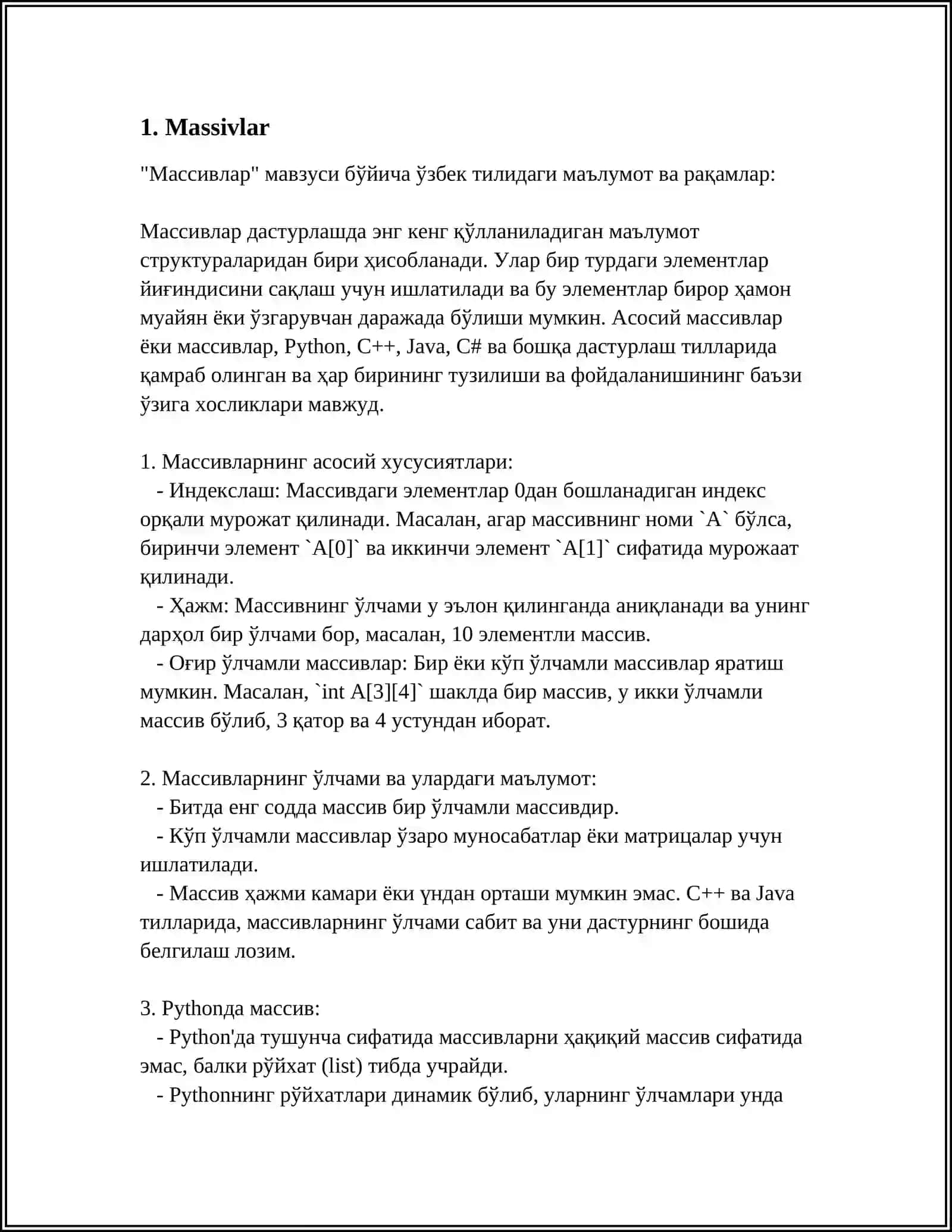 MALUMOTLARNING SOZLANGAN TURLARI: MASSIVLAR, VECTORLAR, YOZUVLAR, TÓPPLANLAR VA KÓRSATKICHLI TURLARI 3