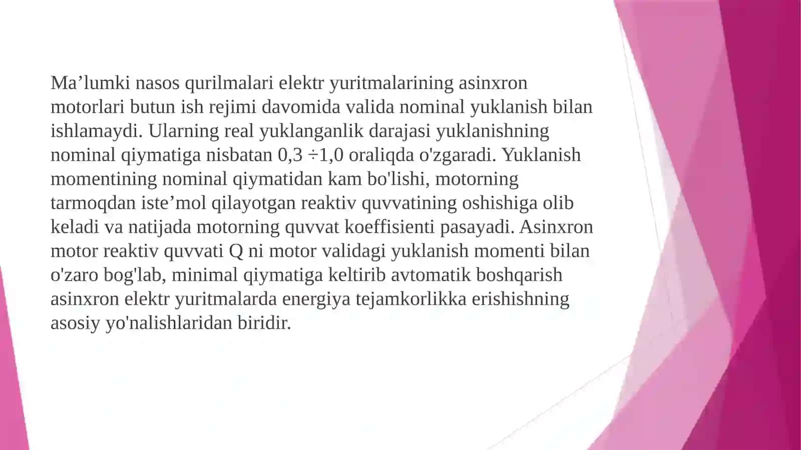 EMT va komplekslari asinxron motorlari minimum reaktiv quvvat iste’moli ish rejim mezoni 3