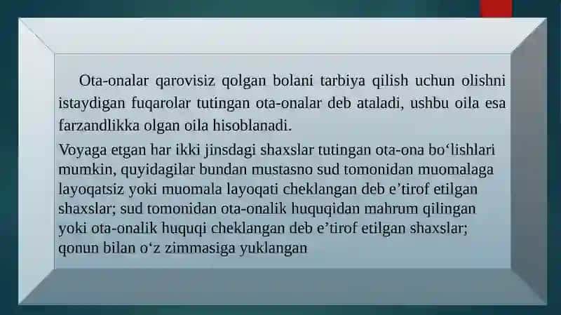 OTA-ONA QARAMOG'IDAN MAHRUM BO'LGAN BOLALARNI OILAGA TARBIYA BERISH PATRONAT 3