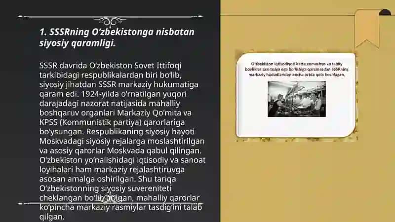 Sovet hukmronligi davrida O'zbekistonning markazga ijtimoiy-siyosiy va iqtisodiy qaramligi va uning oqibatlari 3
