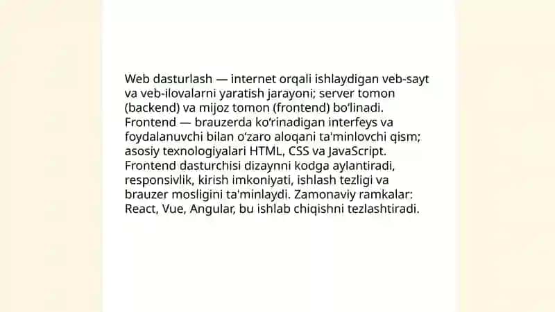 Web dasturlash. Frontend. Hayotimizdagi o'rni. Foydasi va zararlari 3