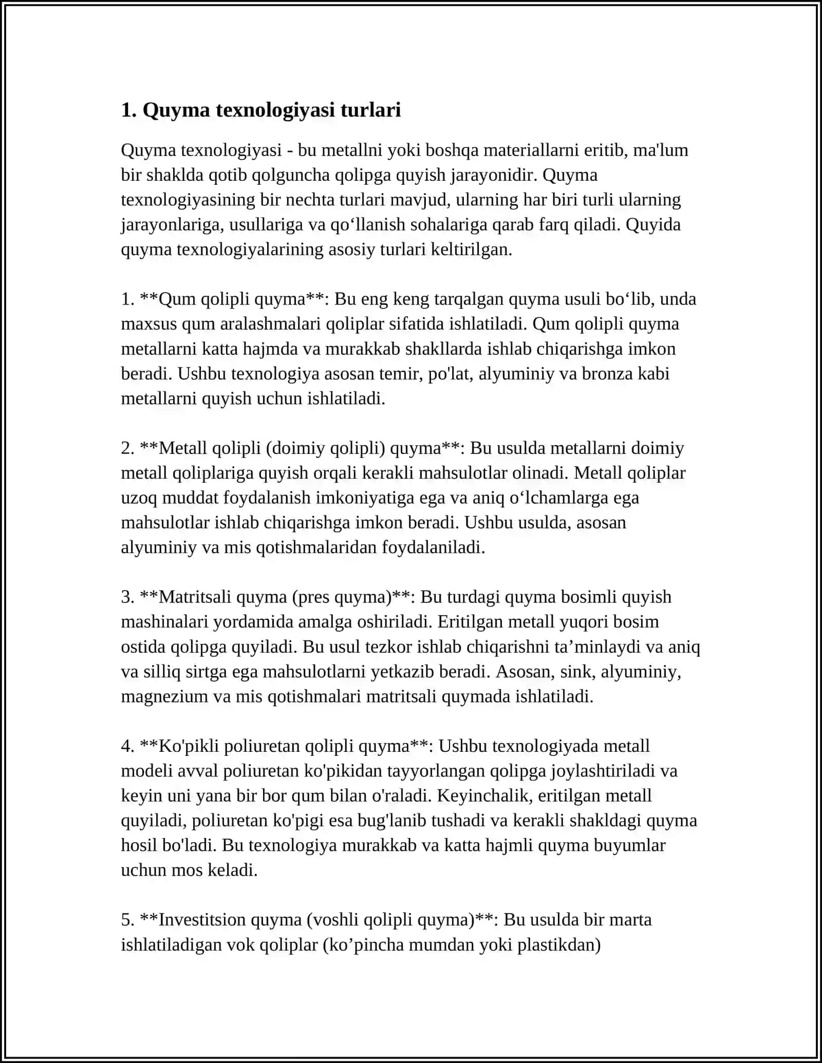 MUSTAQIL ISH Mavzu: QUYMAKORLIK USULLARINI AFZALLIGLARI VA KAMCHILIKLARI 3