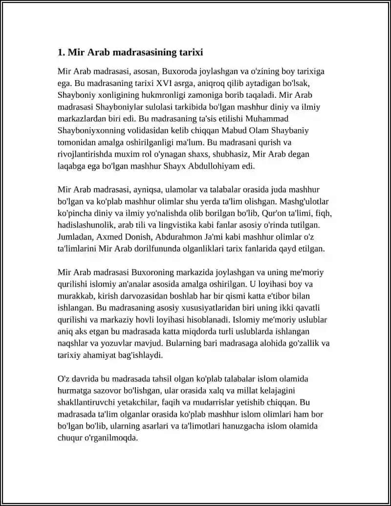 BUXORO TARKIBIGA KIRUVCHI MIR ARAB MADRASASI REFERAT 3