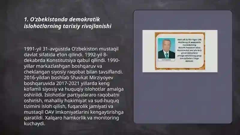 O‘zbekistonda demokratik, fuqarolikjamiyati asoslarining shakllanishi, amalgaoshirilgan siyosiy islohotlar Акрамжонов кароматулло 3