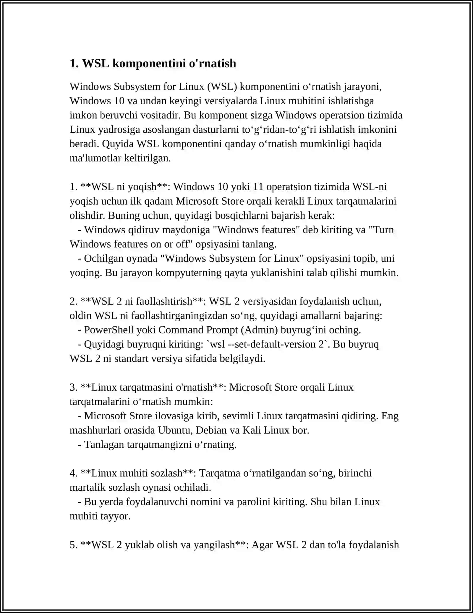 WINDOWS OPERATSION TIZIMIDA WSL KOMPONENTINI SOZLASH 3
