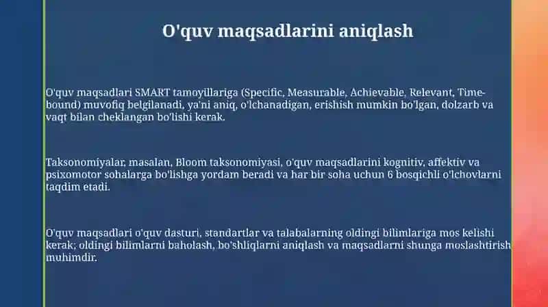 Ta’lim maqsadlarini belgilash va o‘qitishning samarali usul hamda vositalarini tanlash metodikasi 3