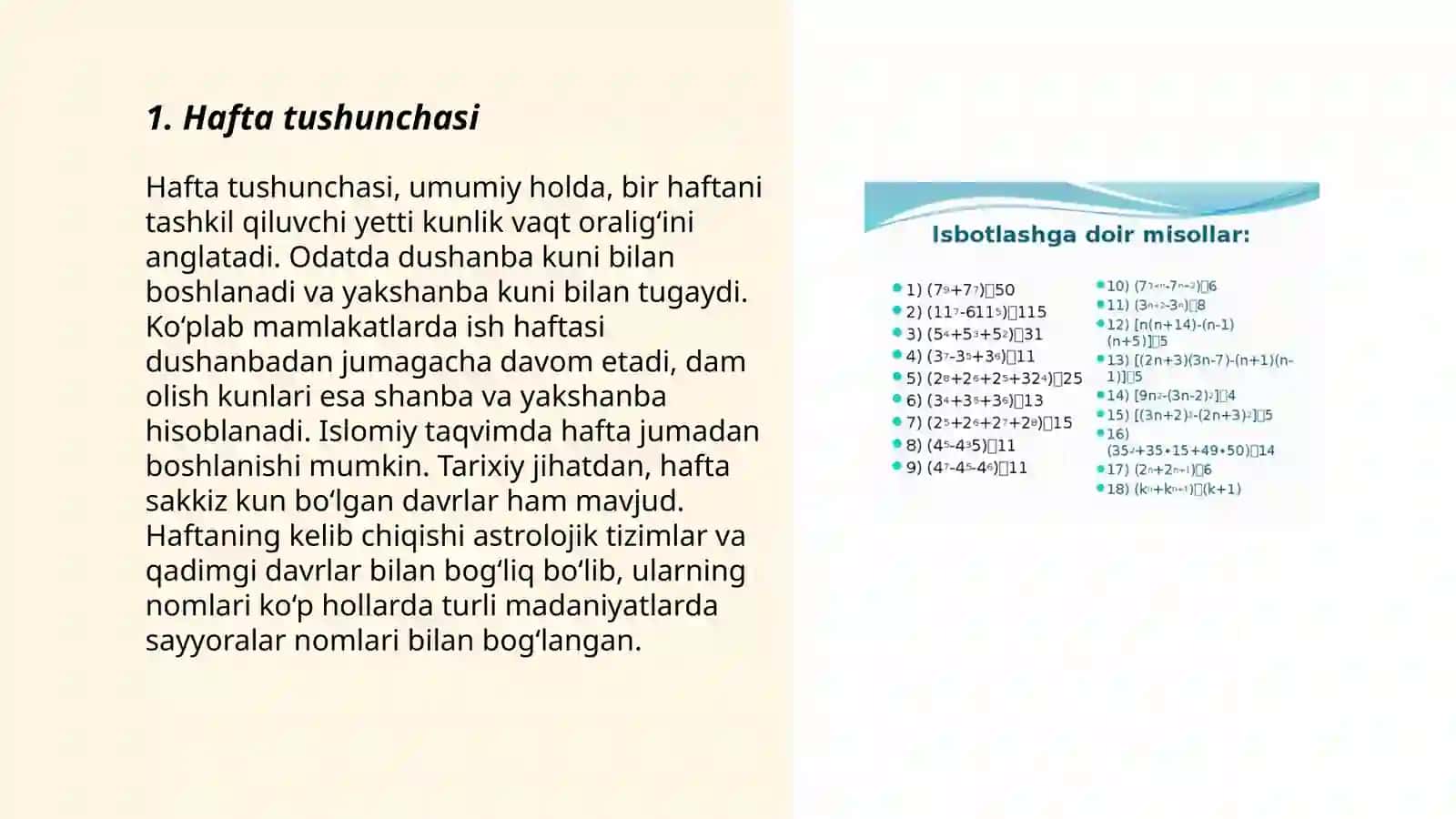 Hafta va hafta kunlari va sanoq tushunchalarini shakllantirish 3