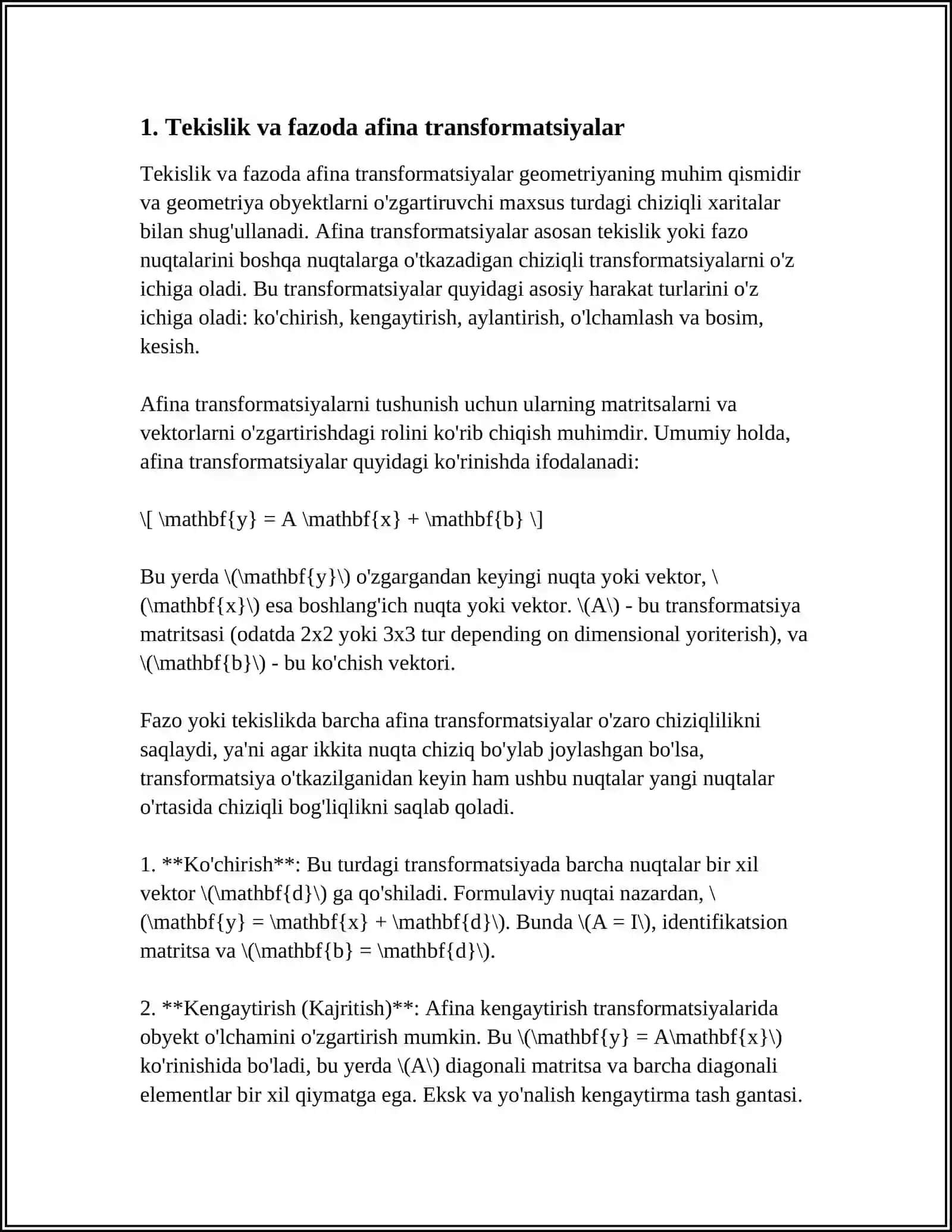 BAZIS TEKISLIKDA VA FAZODA AFIN VA DEQORT KOORDINOTOLOR SISTEMASI 3