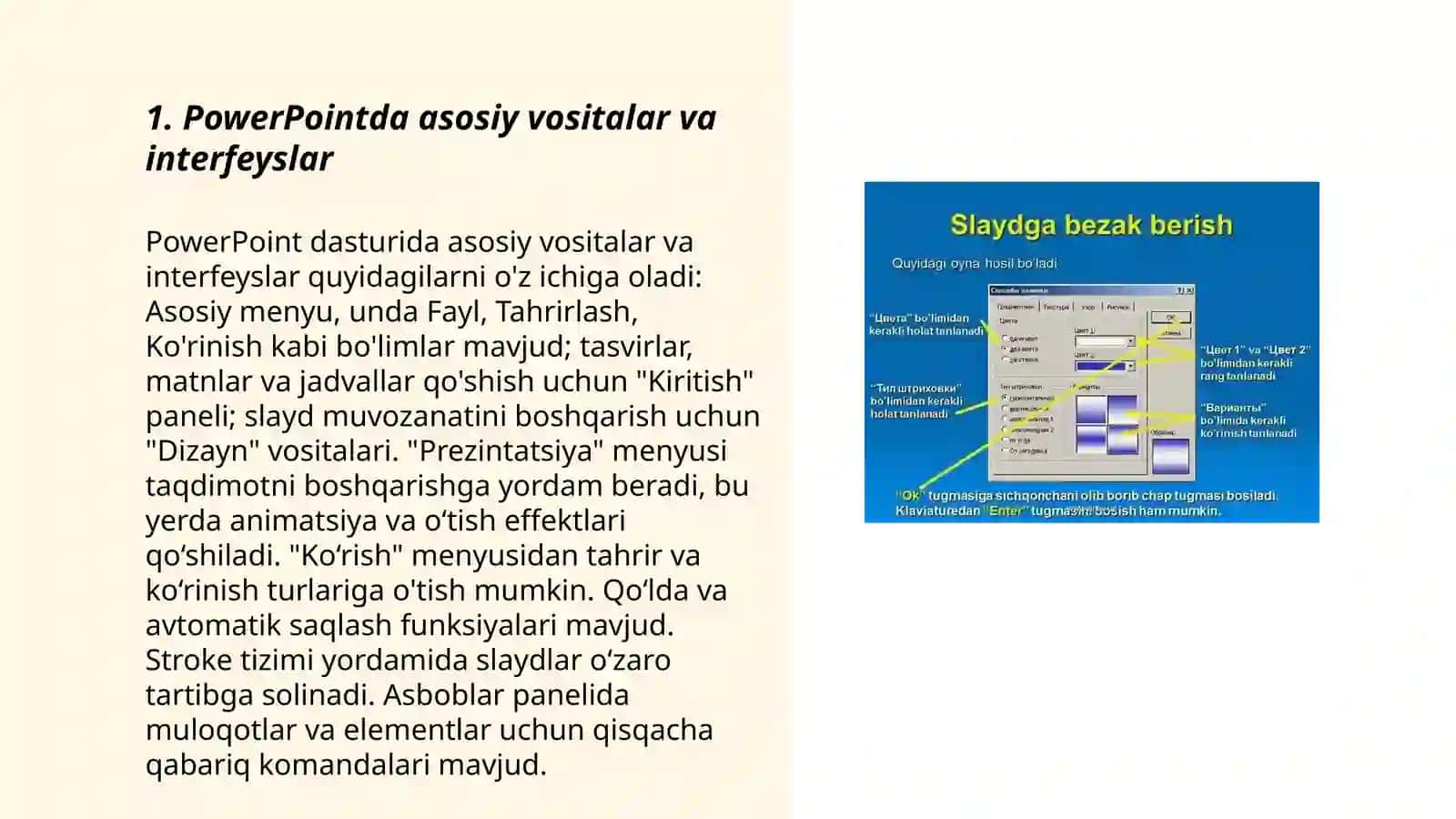 PowerPointda asosiy vositalar va interfeyslar 3