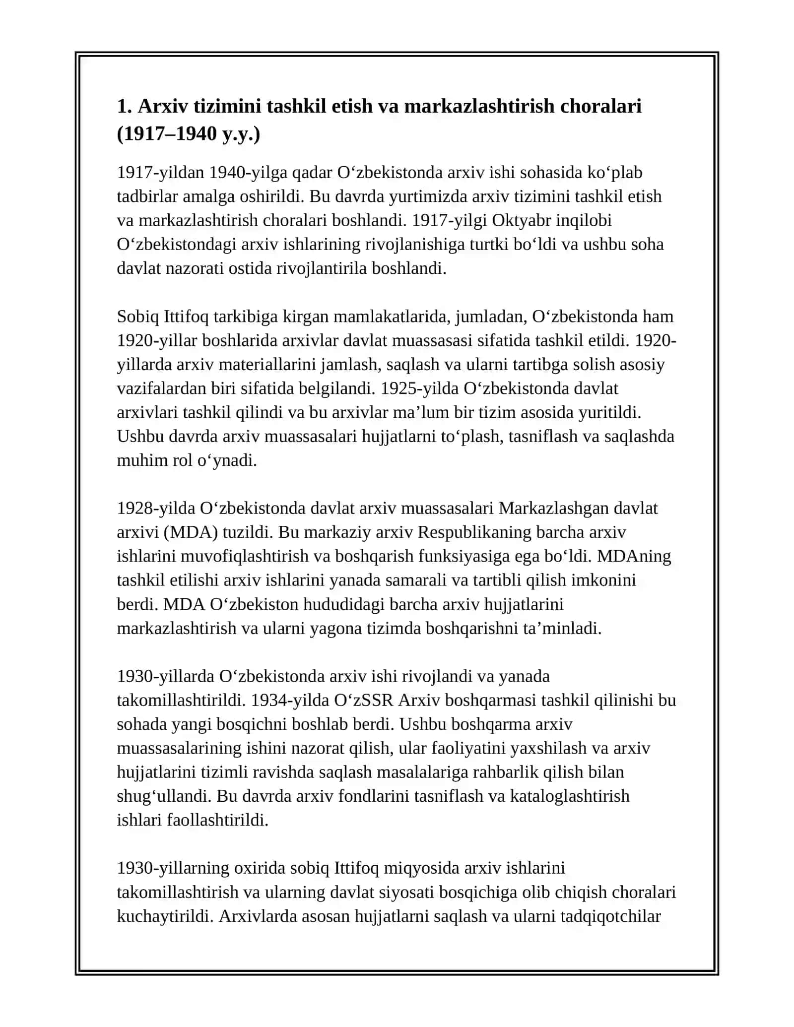 O‘ZBEKISTONDA ARXIV ISHI SOHASIDA AMALGA OSHIRILGAN TADBIRLAR (1917-1940 Y.Y.) 3