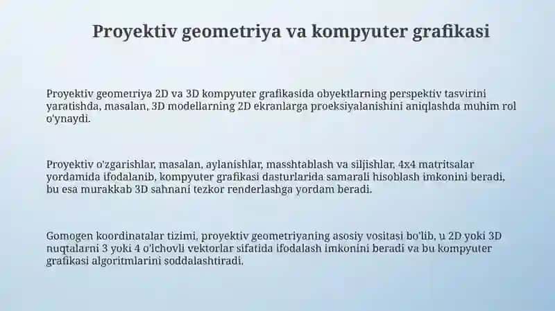 Proyektiv geometriya va kompyuter grafikasi 3