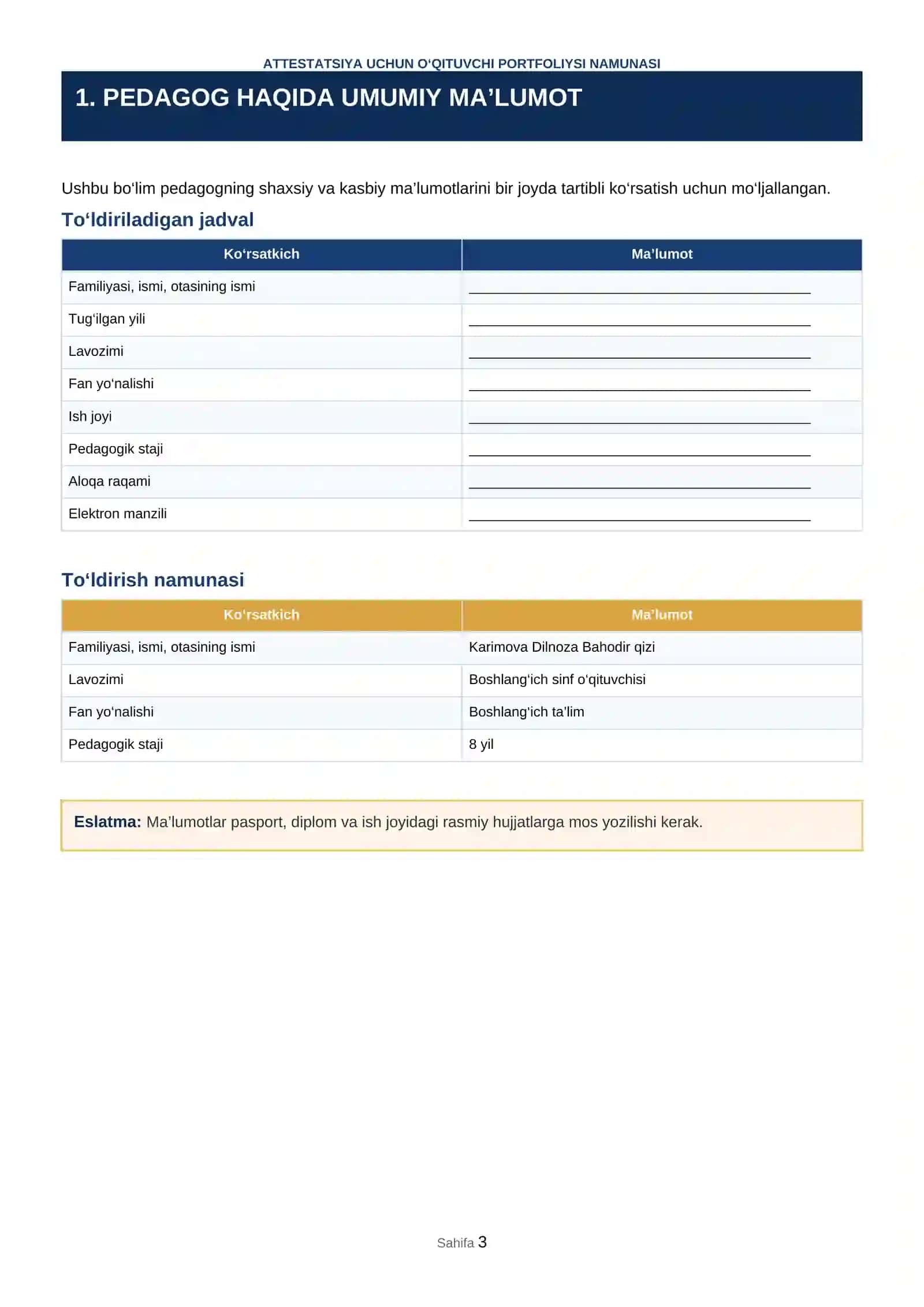 ATTESTATSIYA UCHUN O‘QITUVCHI PORTFOLIYSI NAMUNASI 3