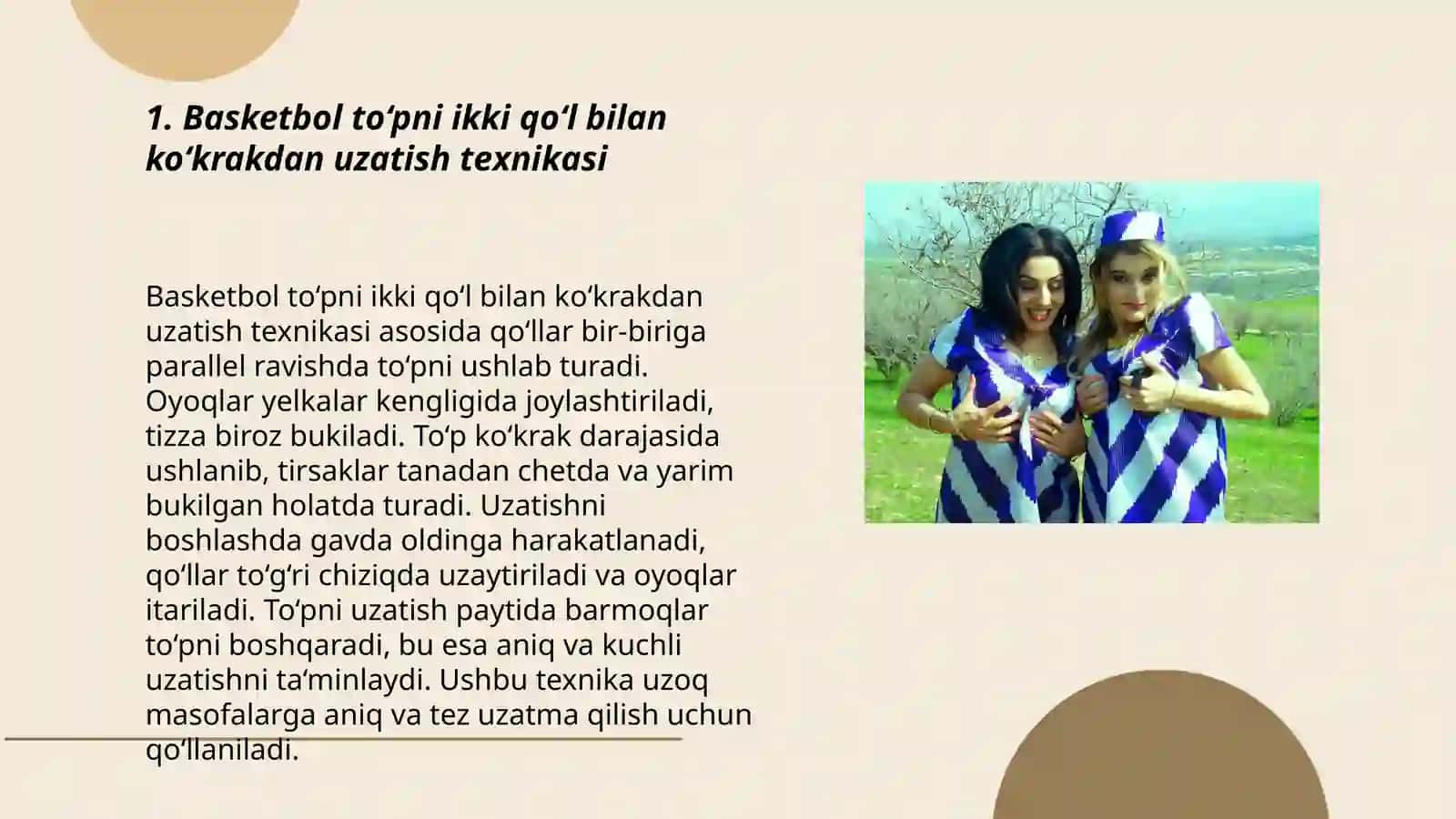 Basketbol to‘pni ikki qo‘l bilan ko‘krakdan bir-biriga juftlab qadamda uzatish va ushlash 3