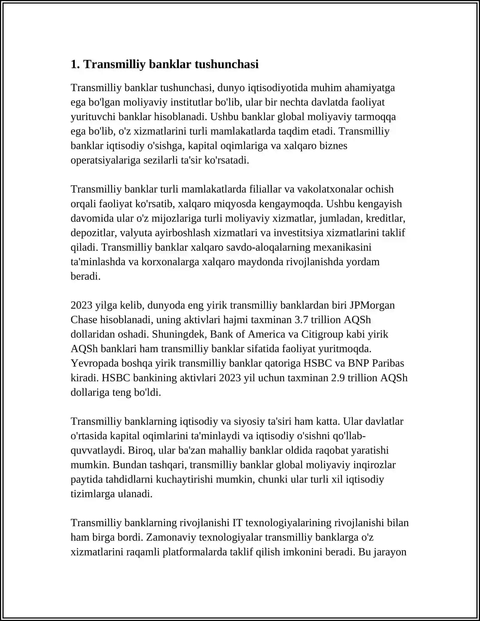 TRANST MILLIY BANKLAR FAOLIYATINI O'ZIGA HOS XUSUSIYATLARI 3
