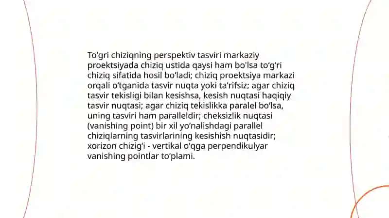 Umumiy va xususiy vaziyatdagi to'gri chiziqlarning perspektivasi 3