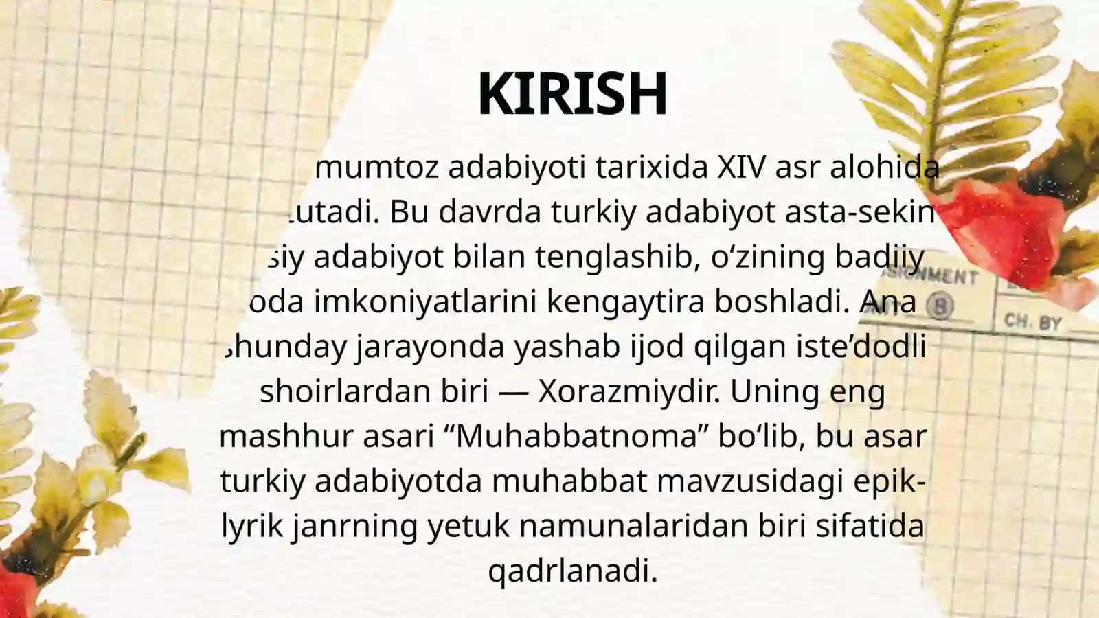 XORAZMIY HAYOTI VA IJODI,,MUHABBATNOMA" JANRINING YETUK NAMUNASI SIFATIDA 3