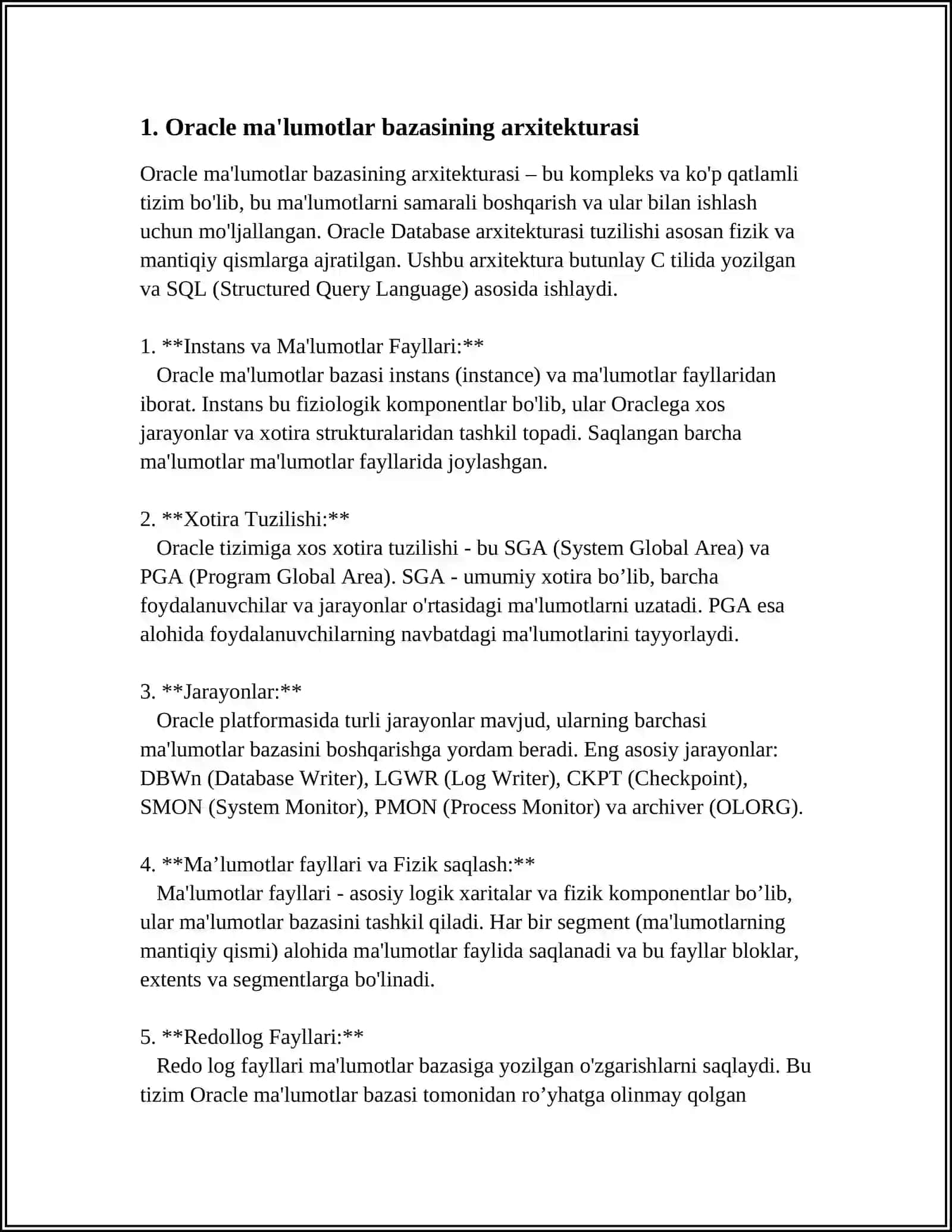 ORACLE MA’LUMOTLAR BAZASIDA BOSHQARISH TIZIMLARINING ISHLASH TEXNOLIGIYALARI 3