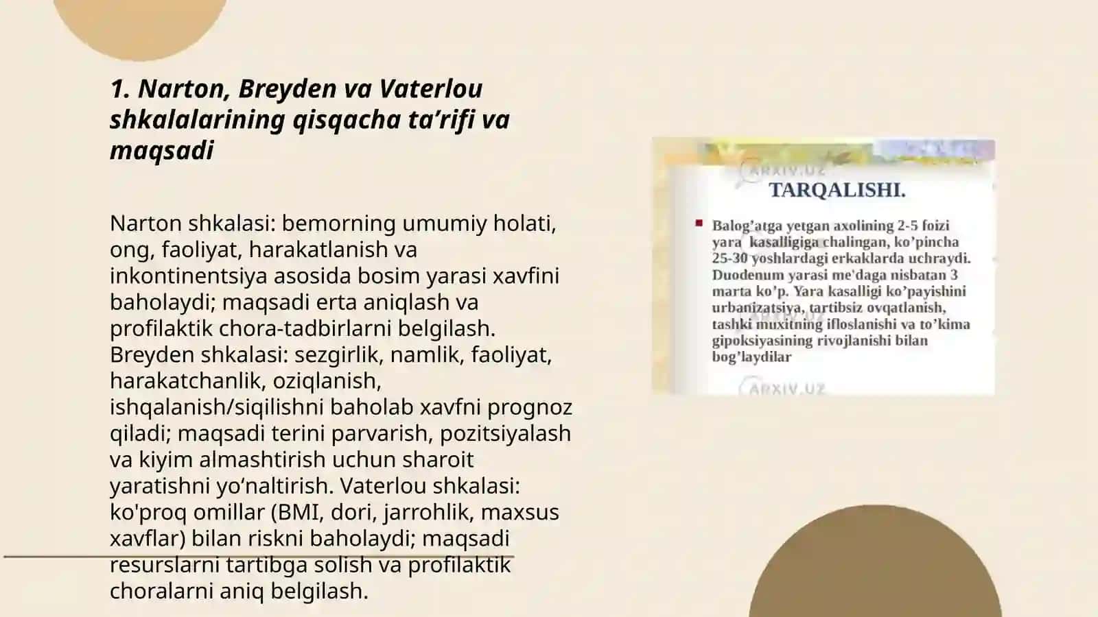 Yotoq yaralarini baholashda(Narton,Breyden va Vaterlou)shkalalaridan toʻgʻri foydalanish va ichki kiyimlarni almashtirish uchun sharoit yaratish 3