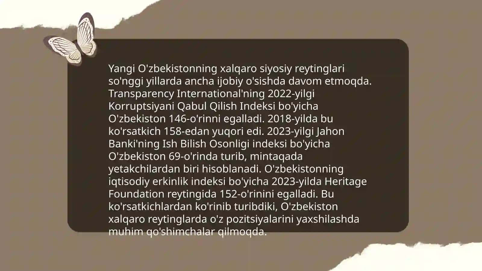 Yangi O'zbekiston ijtimoiy-siyosiy,iqtisodiy va madaniy hayotida ro'y o'zgarishlarning xalqaro reyting va indekslarda aks etishi 3