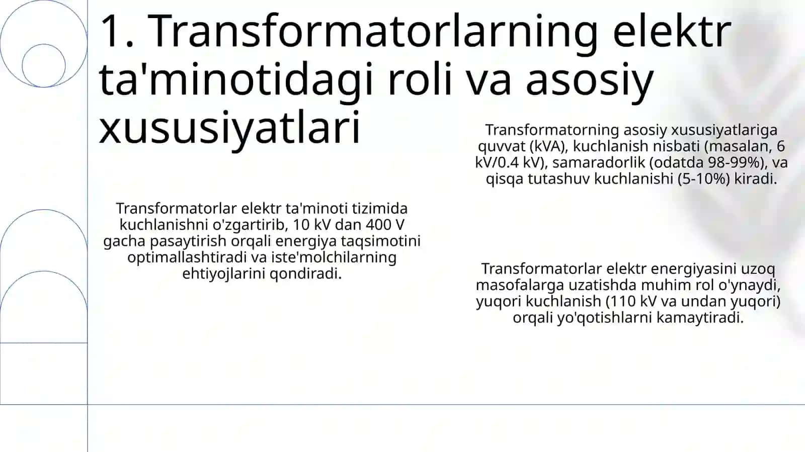 Transformatorlarning elektr taʼminotidagi órni va hisoblash usullari 3