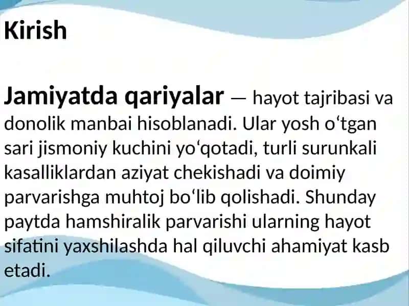 Uyda parvarishga muhtoj qariyalarda hamshiralik parvarishi 3