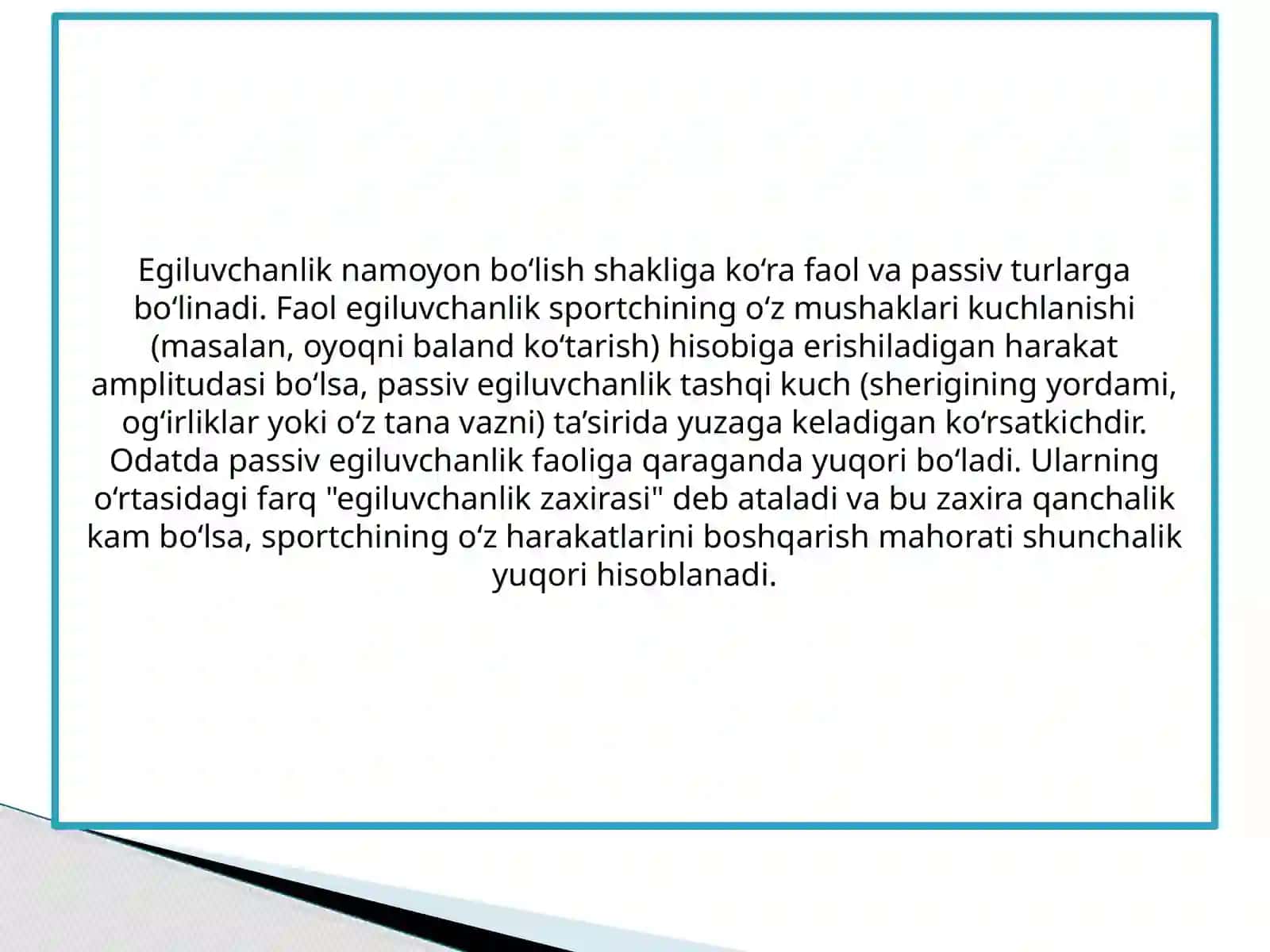 Egiluvchanlikni Turlari Va O'lchov Mezoni. Egiluvchanlikni Rivojlanish Darajasini Aniqlouchi Omillar 3