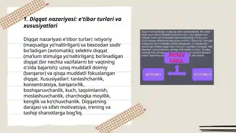 Diqqat, sezgi, idrok, xayolning inson psixologiyasida tutgan oʻrni va faoliyatidagi rõli 3