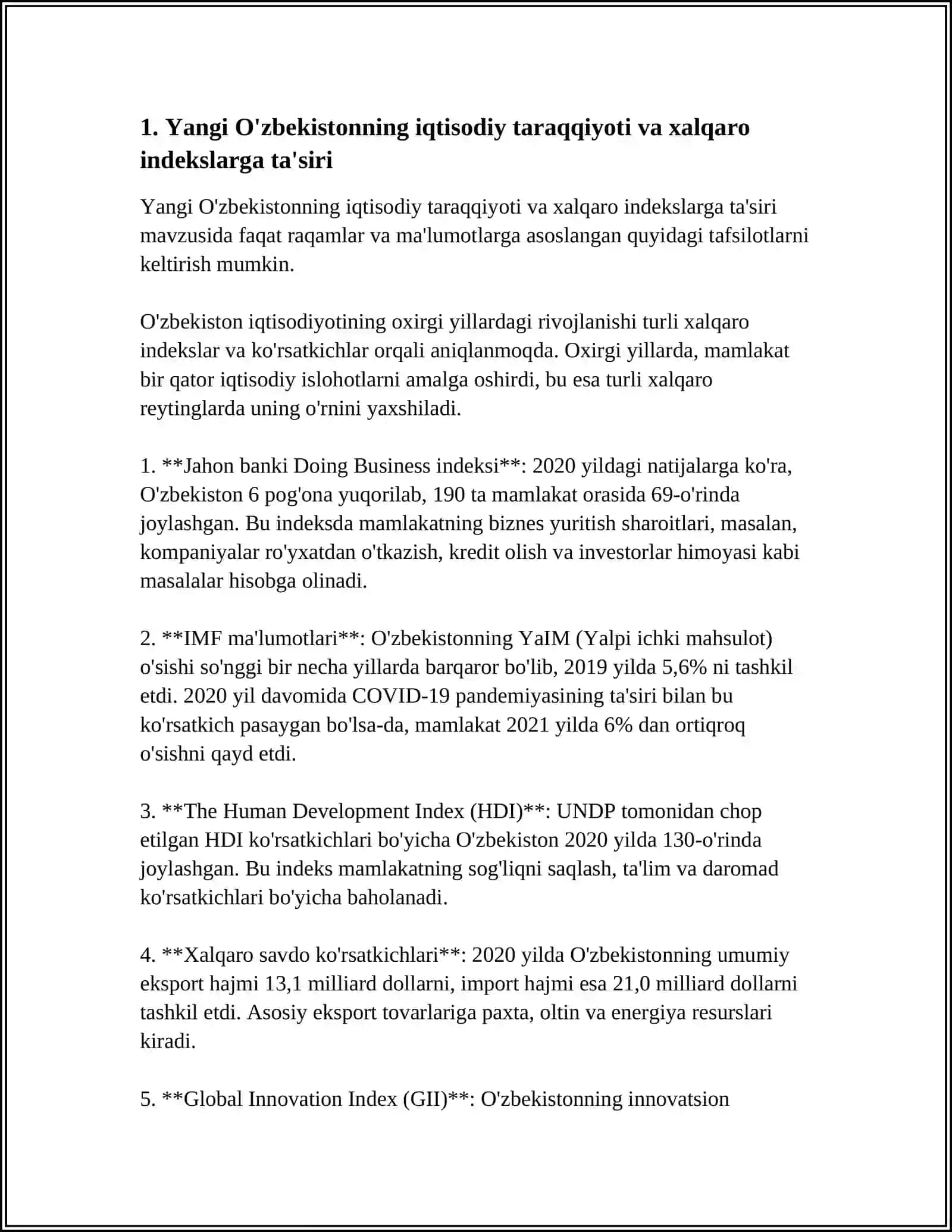 YANGI O'ZBEKISTON IJTIMOVIY-SIYOSIY, IQTISODIY VA MADANIY HAYOTIDA RO'Y BERAYOTGAN O'ZGARISHLARNING XALQARO REYTING VA INDEKSLARDA AKS ETISHI 3