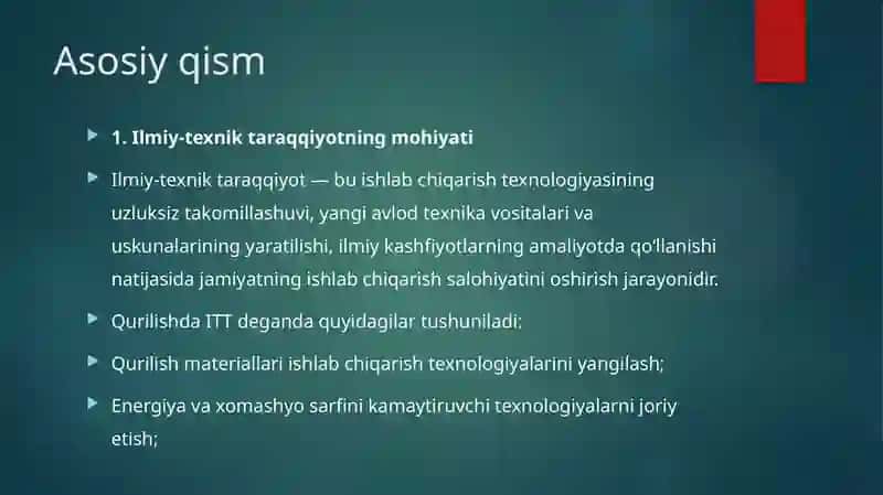 Ilmiy-texnik taraqqiyotning qurilishi da gʻoyati, axami va asosiyyoʻnalishlari 3