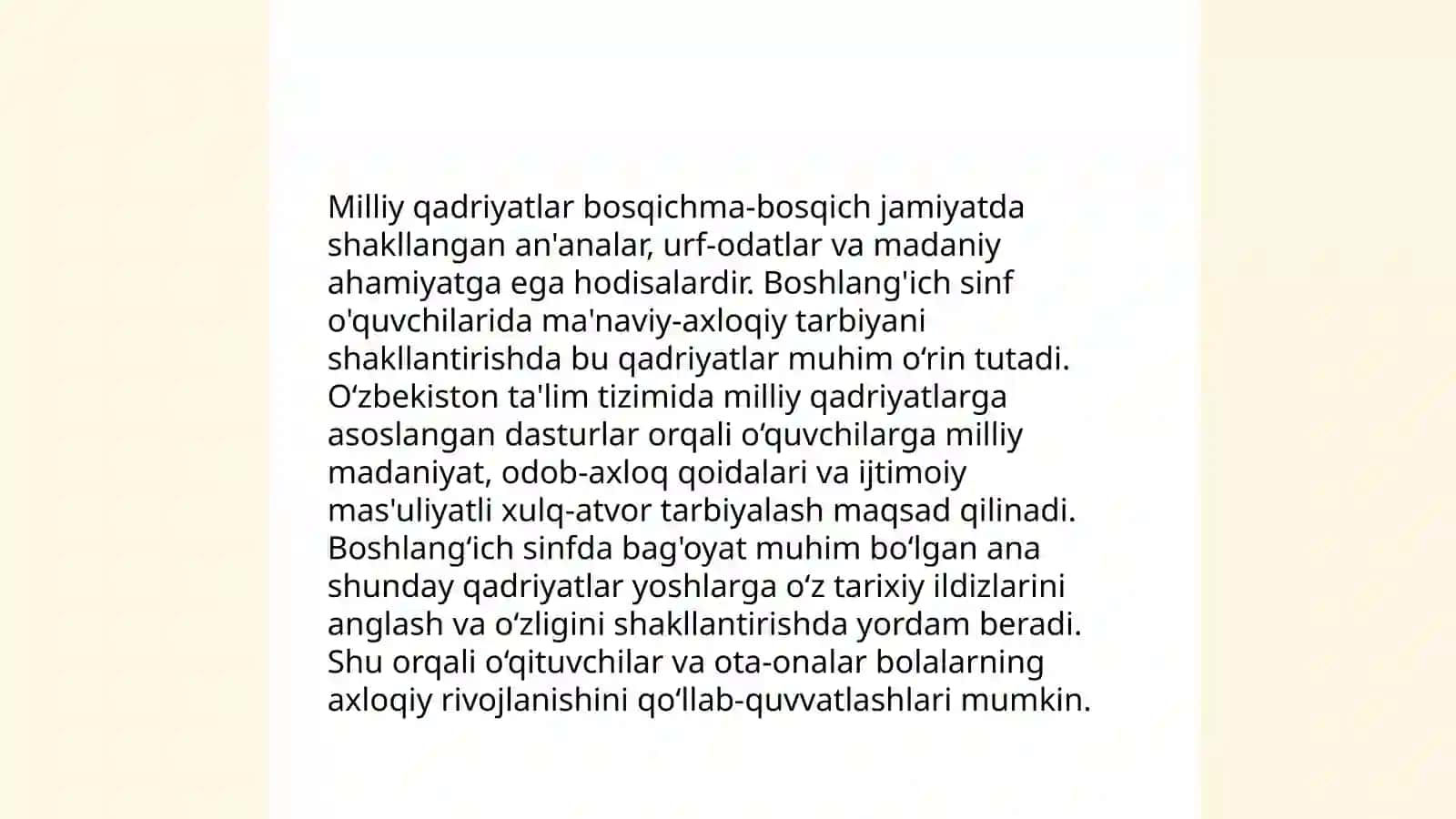 Boshlangʻich sinf oʻquvchilarini ma'naviy axloqiy tarbiyalashda milliy qadriyatlarni oʻrni 3