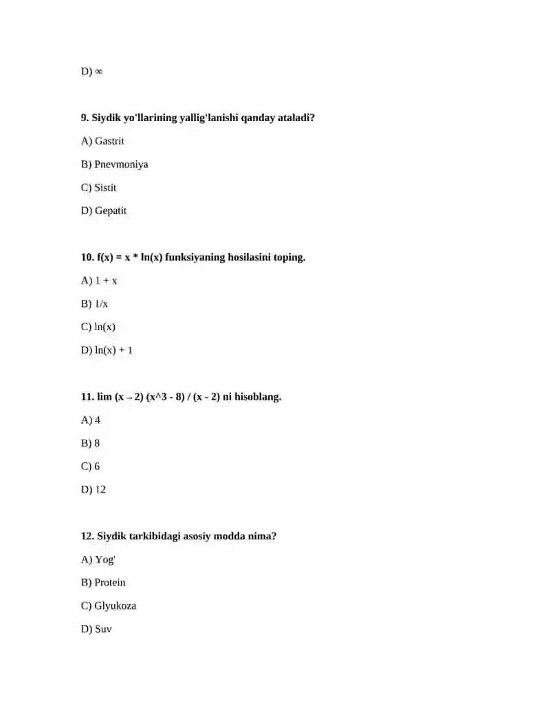 Hosila,limit,urinary mavzusida 20 talik test 3