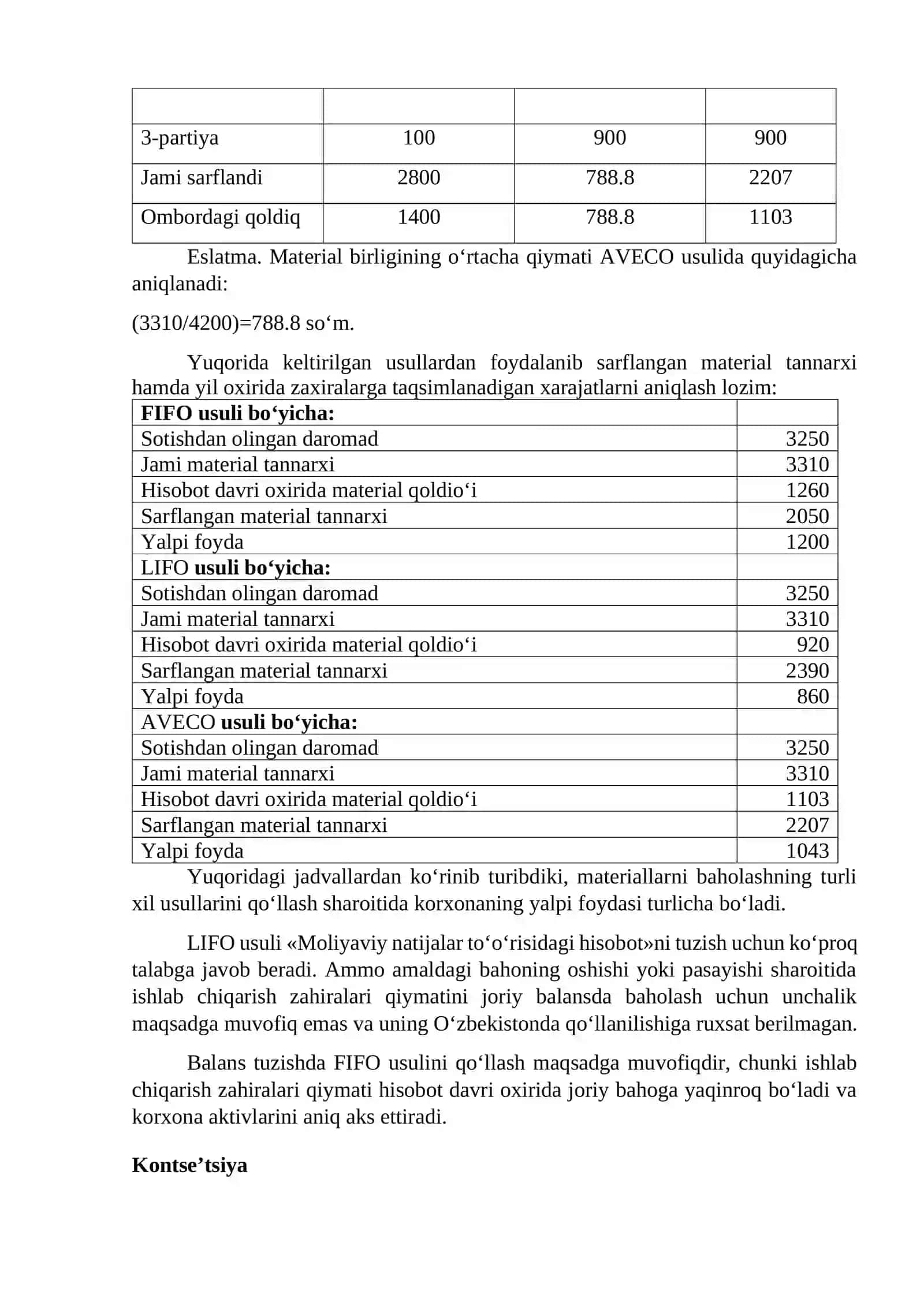 Materiallarni o‘rtacha bahoda, FIFO, LIFO usullarida baholab sarflash hisobi 3