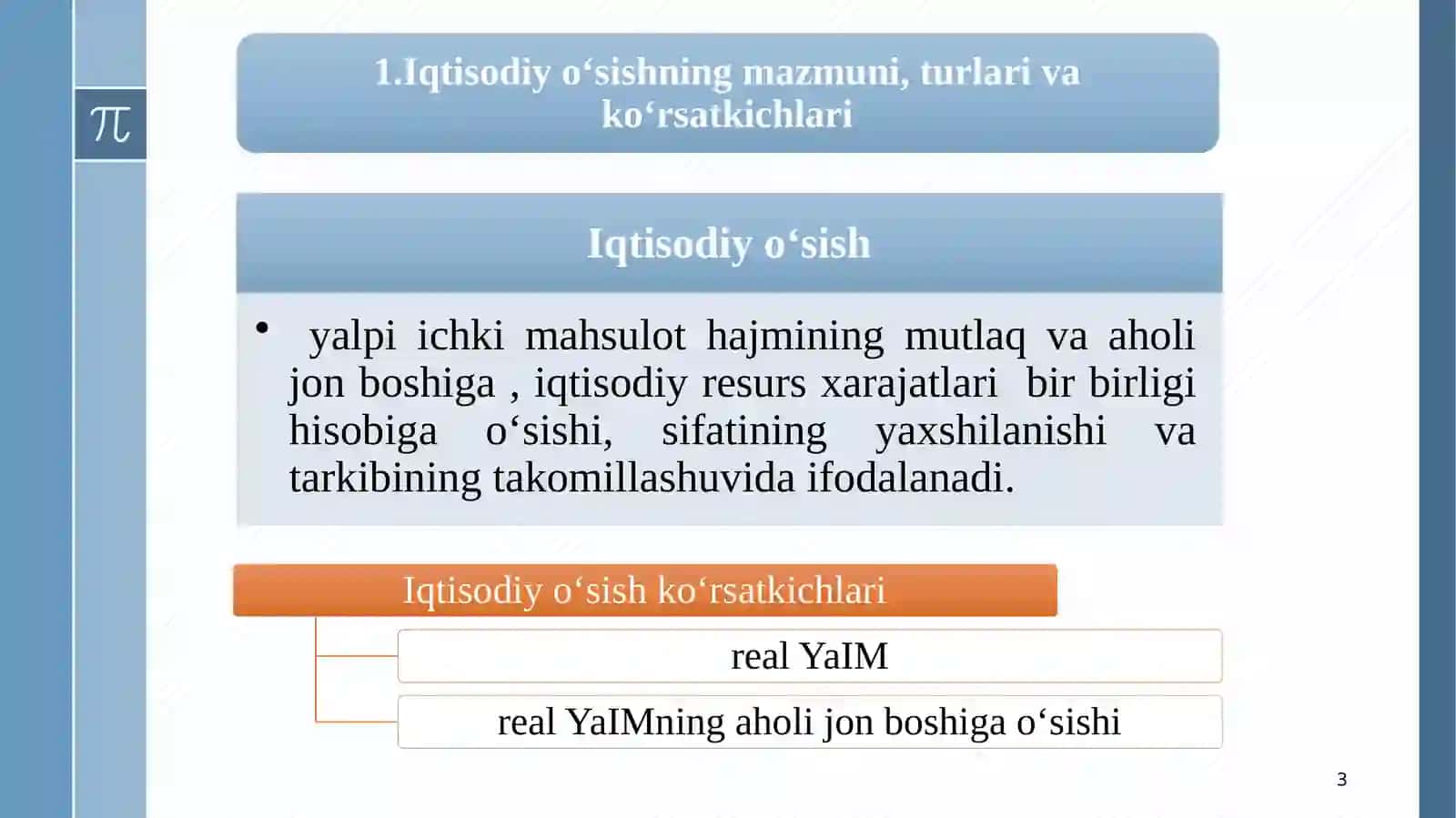 Iqtisodiy o’sish va milliy boylik Milliy iqtisodiyotning muvozanati Makroiqtisodiy beqarorlik: inqiroz, ishsizlik va inflyasiya 3