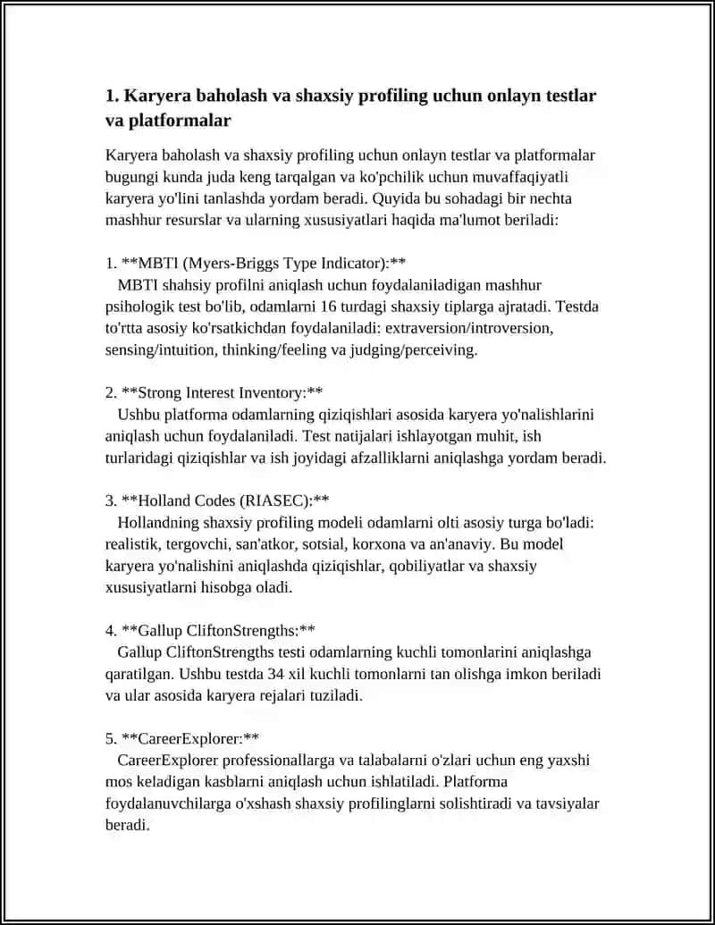 Karyera baholash va shaxsiy profiling uchun onlayn testlar va platformalar 3