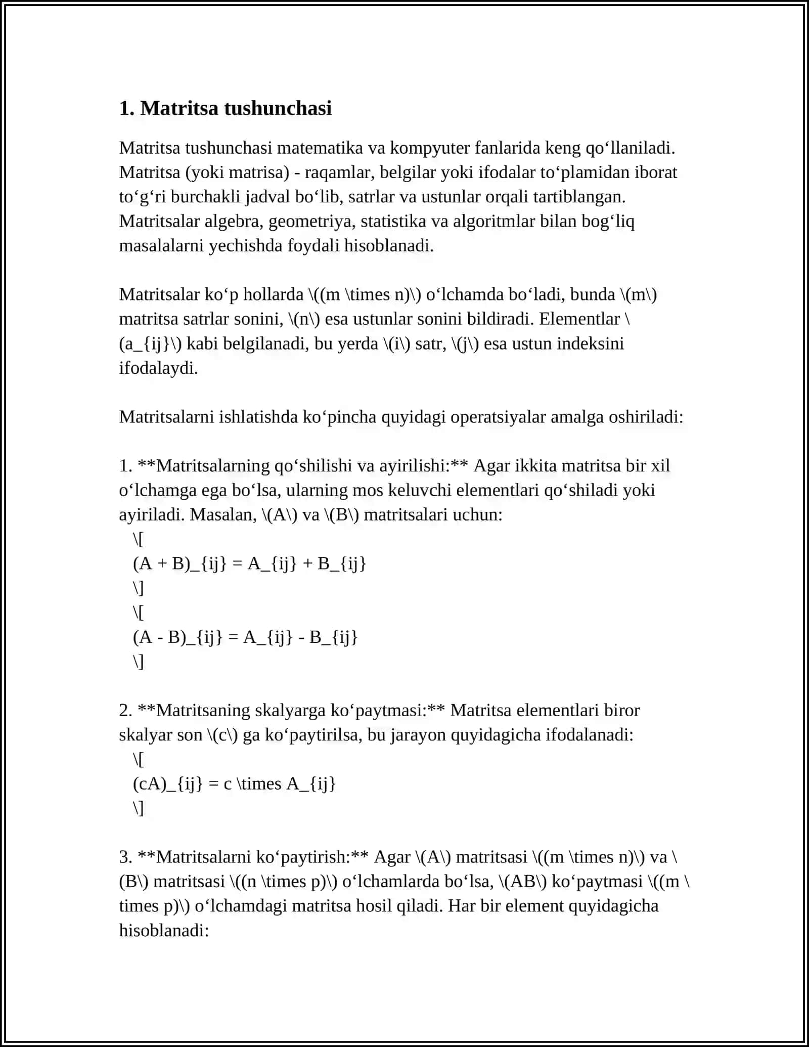MUSTAQIL ISH Mavzu: MATRITSALAR VA ULAR USTIDA AMALLAR 3