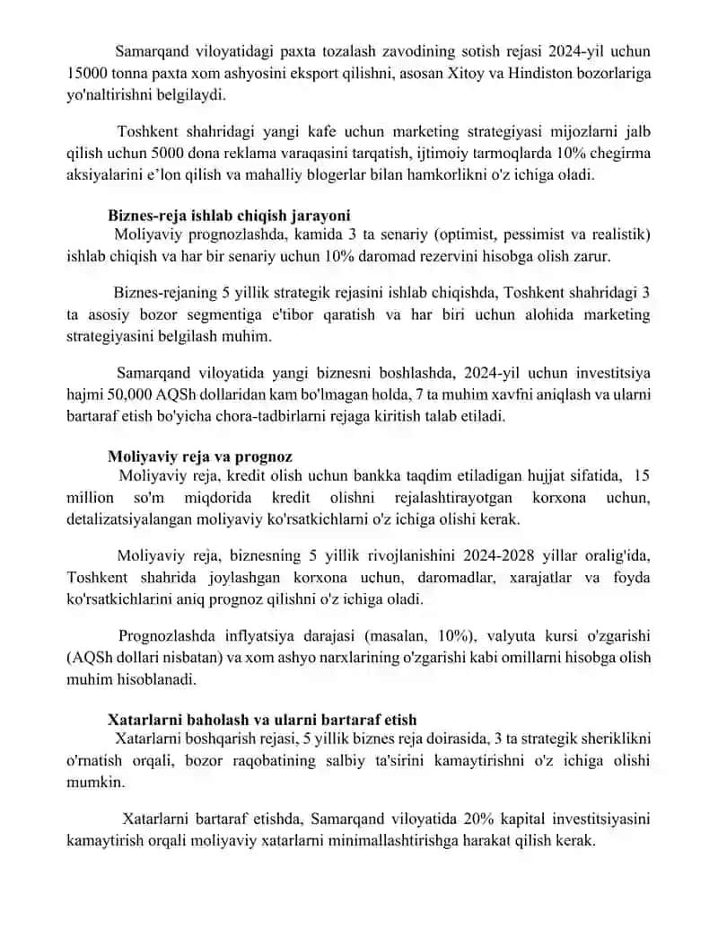 Biznes faoliyatida biznes rejani ishlab chiqarish tartibi 3