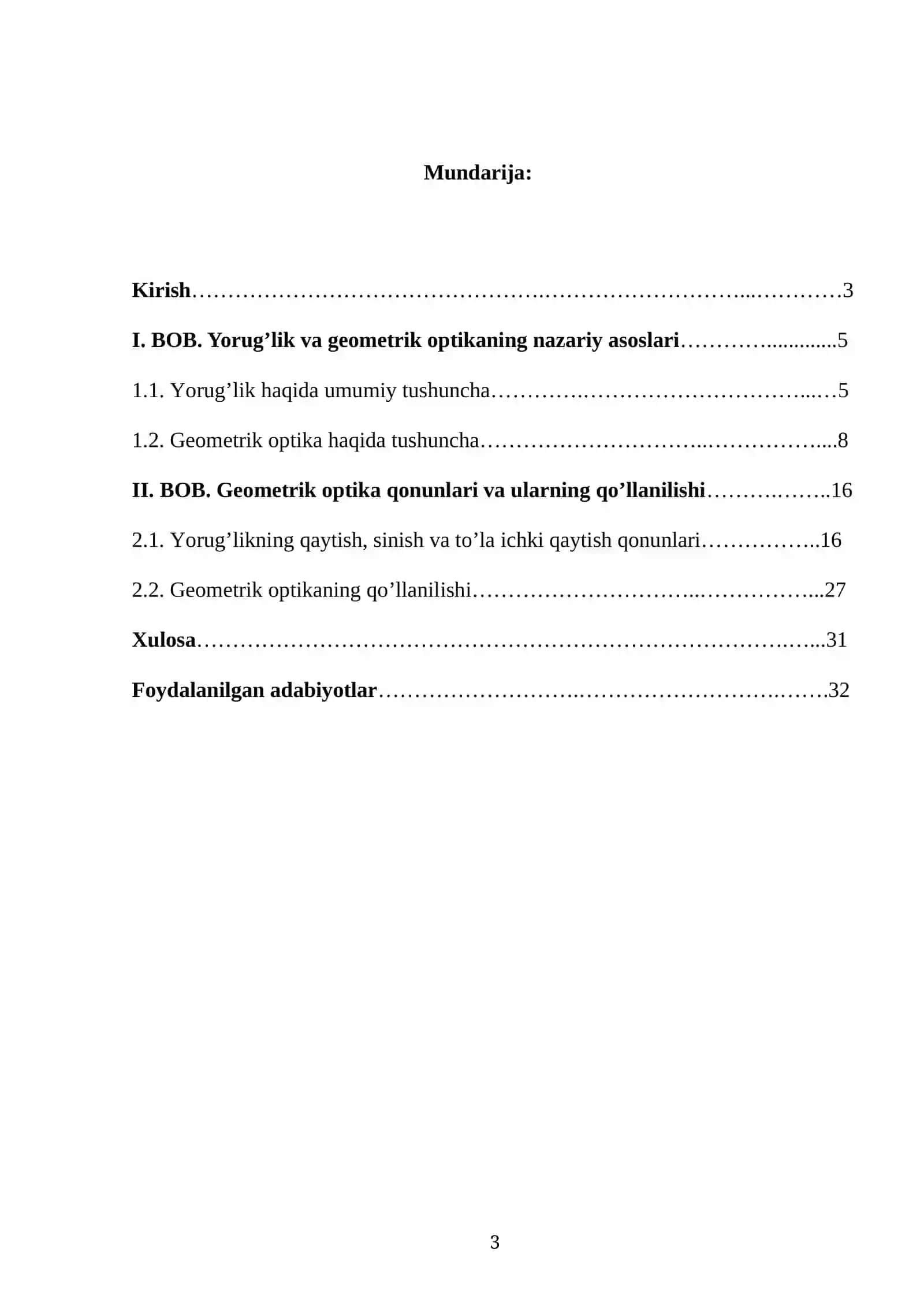 Geometrik optika qonunlari mavzusida tayyor kurs ishi 34 betdam iborat 3