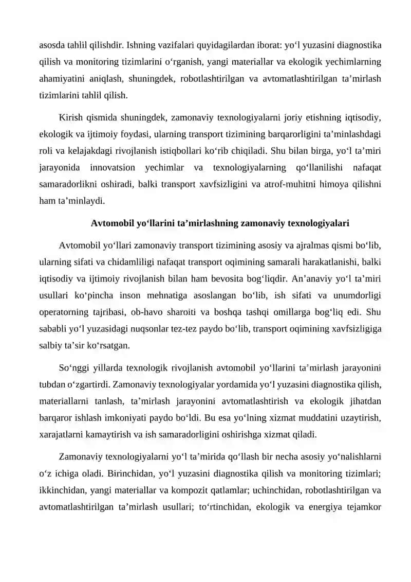 Avtomobil yo'llarini ta'mirlashda zamonaviy texnologiyalarni qo'llash 3