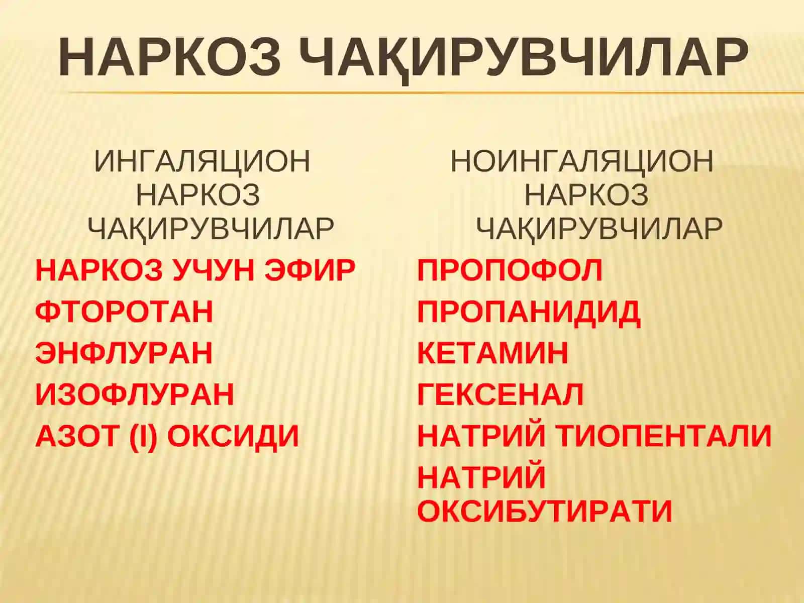 Фармакология ва клиник фармакология кафедраси Фан номи: Фармакология НАРКОЗ ЧАҚИРУВЧИ ВОСИТАЛАР 3