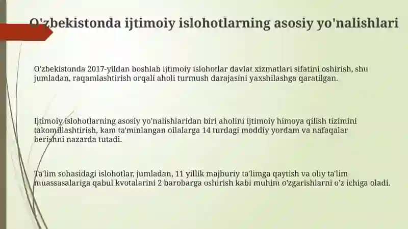 O'zbekistondaijtimoiysohadaamalgaoshirilayotgano'zgarishlarmazmunvamohiyati 3