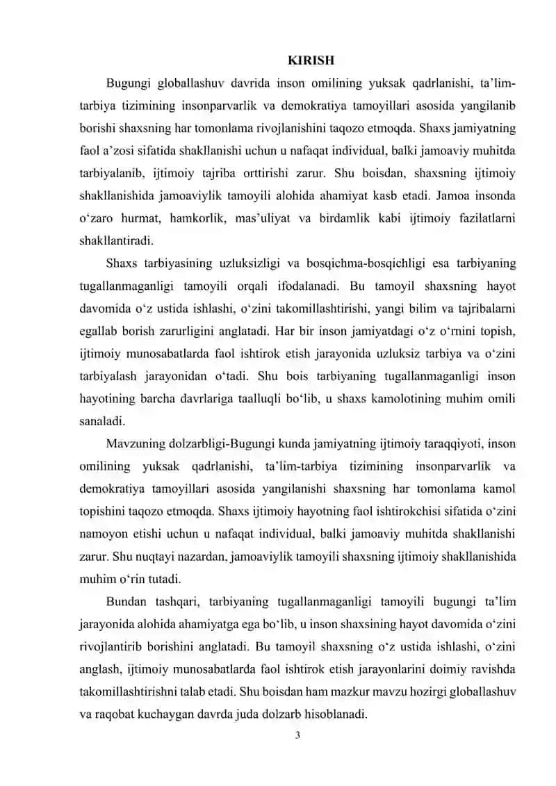 Shaxsning ijtimoiy shakillanishida jamoaviylik va tarbiyaning tugallanmaganligi tamoyillaruning o’rni 3