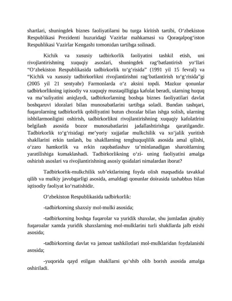 Biznes faoliyatini tashlil etishning o'ziga xos xususiyatlari 3