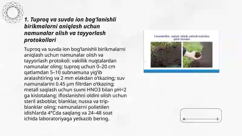 Tuproq va suvning ifloslanishida ion bogʻlanishli birikmalarni aniqlab, ulardan tozalash usulini ishlab chiqish 3