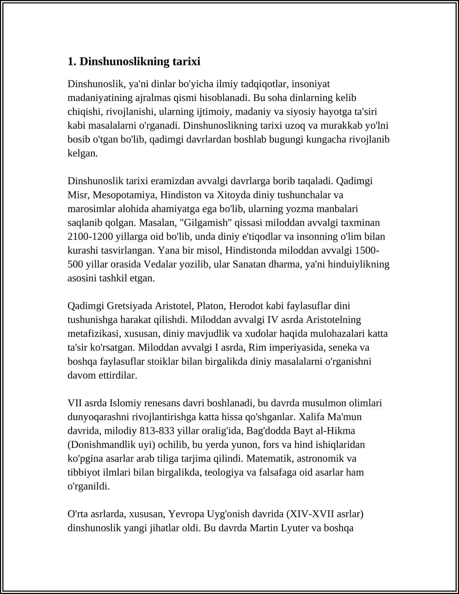 MUSTAQIL ISH Mavzu: DINSHUNOSLIKNING FAN SIFATIDA SHAKLLANISHI, PREDMETI, FUNKSIYALARI, KATEGORIYALARI 3