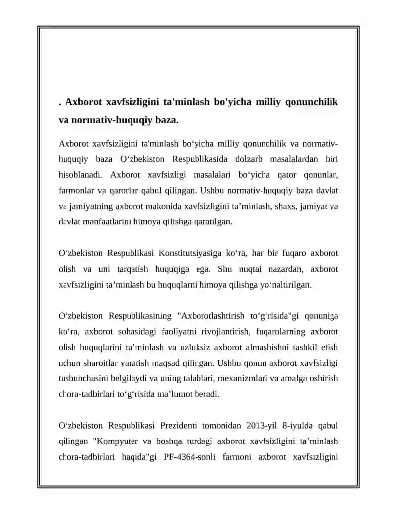 AXBOROT XAVFSIZLIGINI TA’MINLASH QONUNCHILIGI. AXBOROTLASHTIRISH SOHASIDA ICHKI VA TASHQI TAHDIDLAR 3