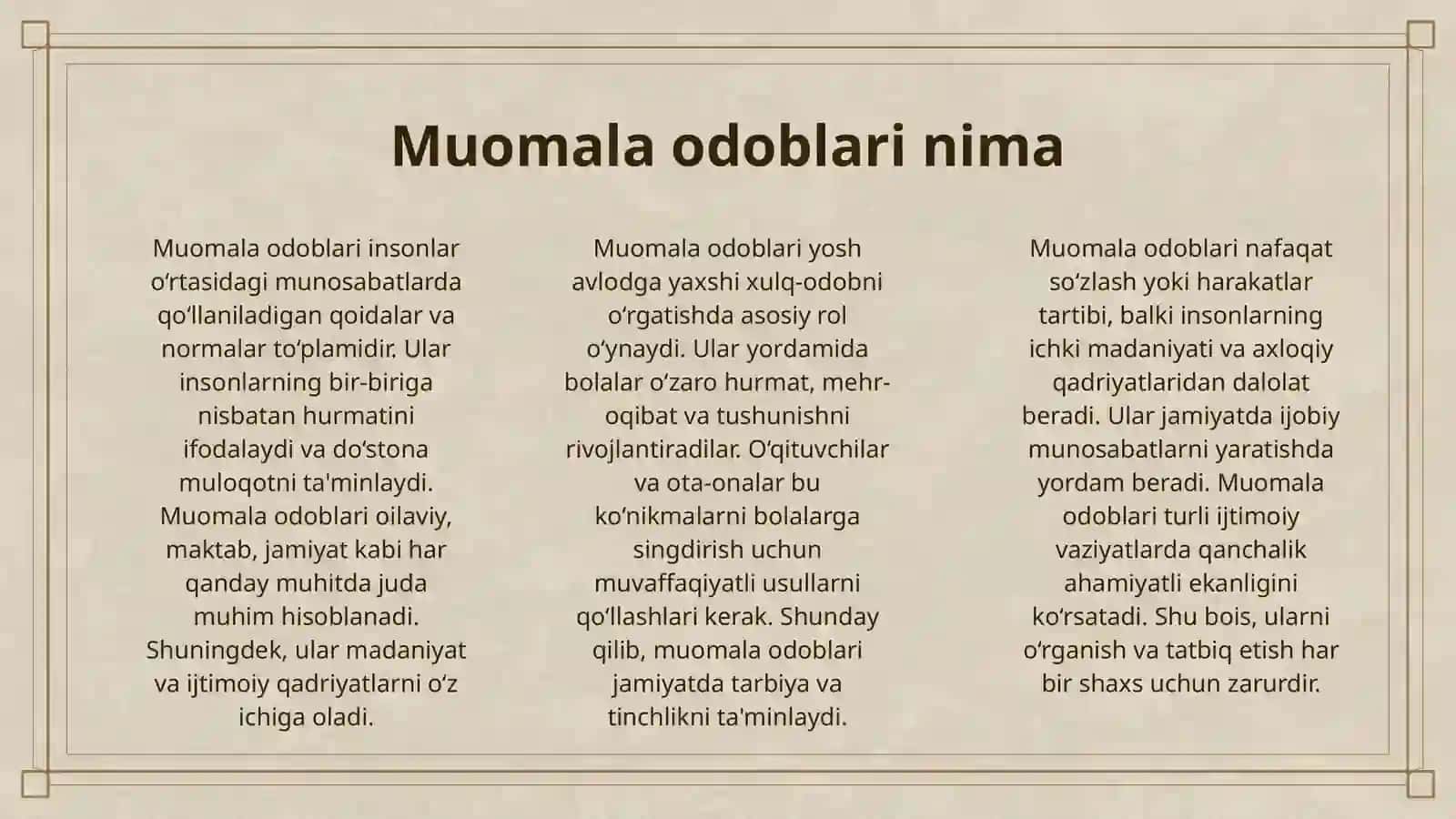 7 - SINF TARBIYA DARSLIGIDA "MUOMALA UCHUN ZARUR ODOBLAR" MAVZUSINI O'QITISH METODIKASI 3