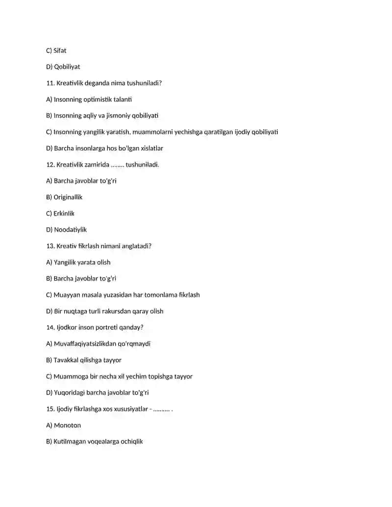 “Kreativ fikrlash” fanidan test savollari 3