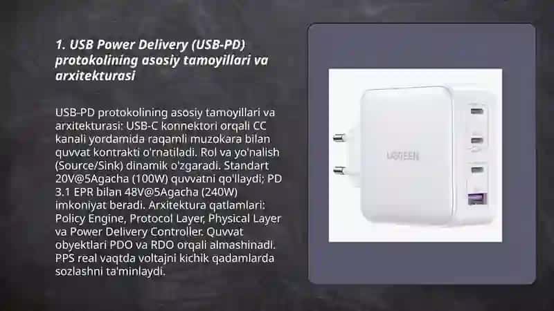 Zamonaviy zaryadlovchi qurilmalar texnalogiyalari:USB Power Deliver (USB-PD)protokoli va GaN -trazistorlardan foydalanish 3